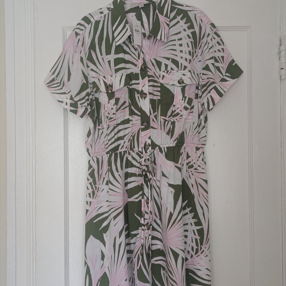 Ann Taylor Loft Island Frond Mini Pocket Shirtdress Pink/White/Green Large